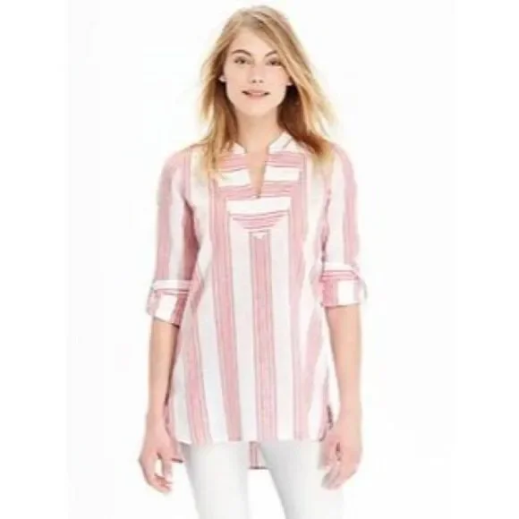Old Navy Popover Tunic Linen Blend Red White Stripe Size Medium Nautical Coastal - Picture 2 of 6